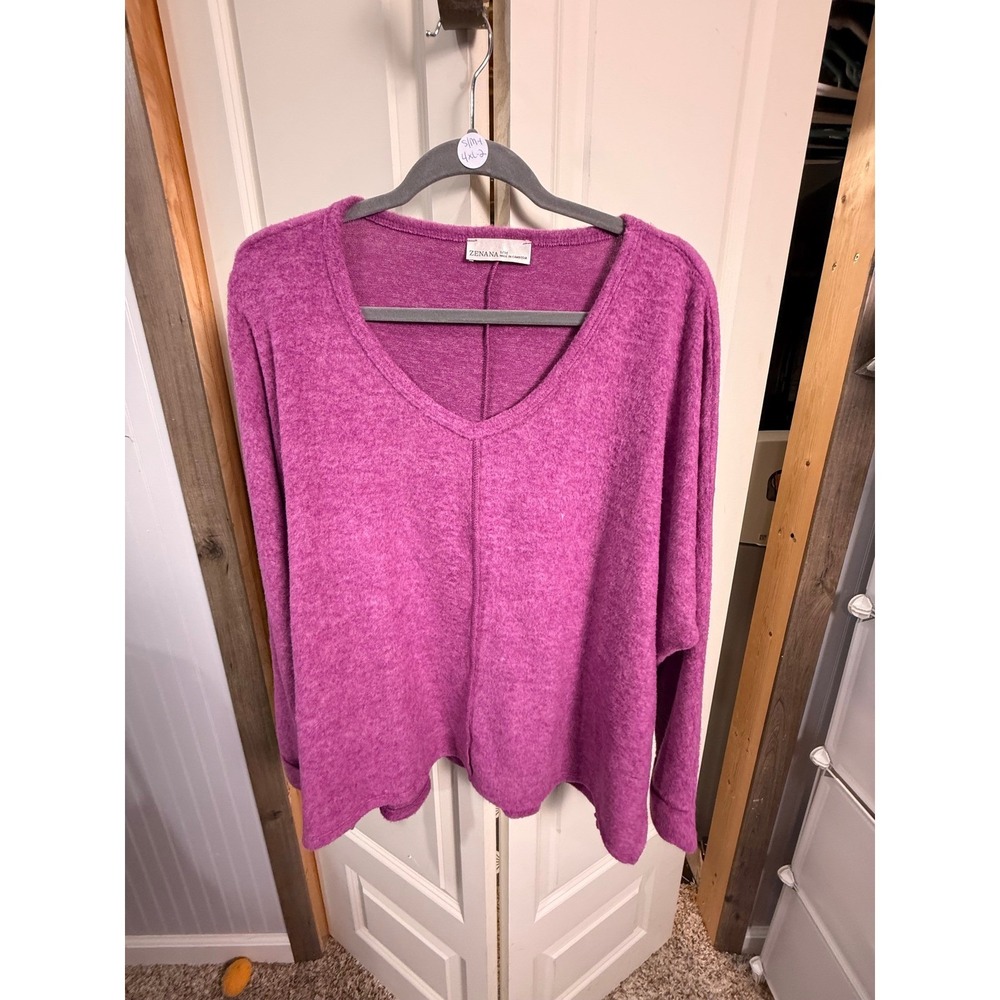 Zenana Premium Magenta Purple V-Neck Oversized Knit Sweater Top Long Sleeve L/XL